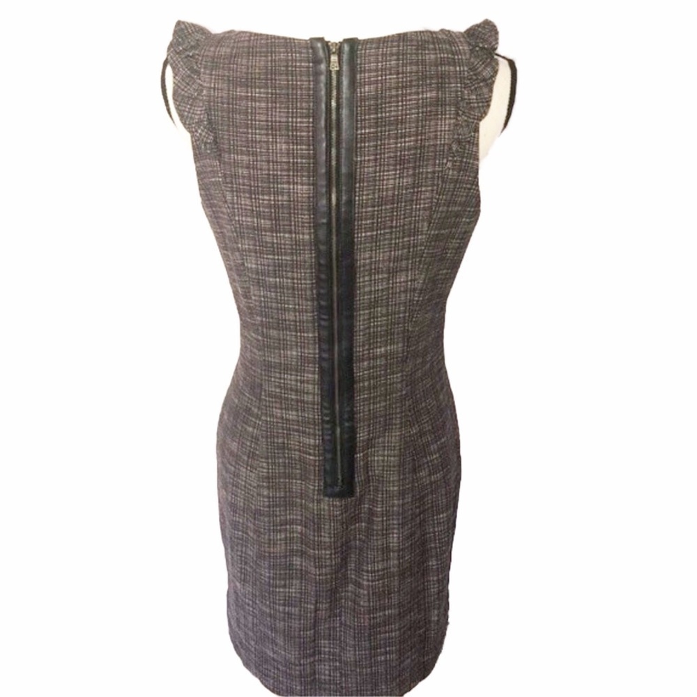 Cynthia Steffe Brown Deep V Ruffle Dress Size 6 Leather Trim Zipper Sleeveless - Picture 4 of 8